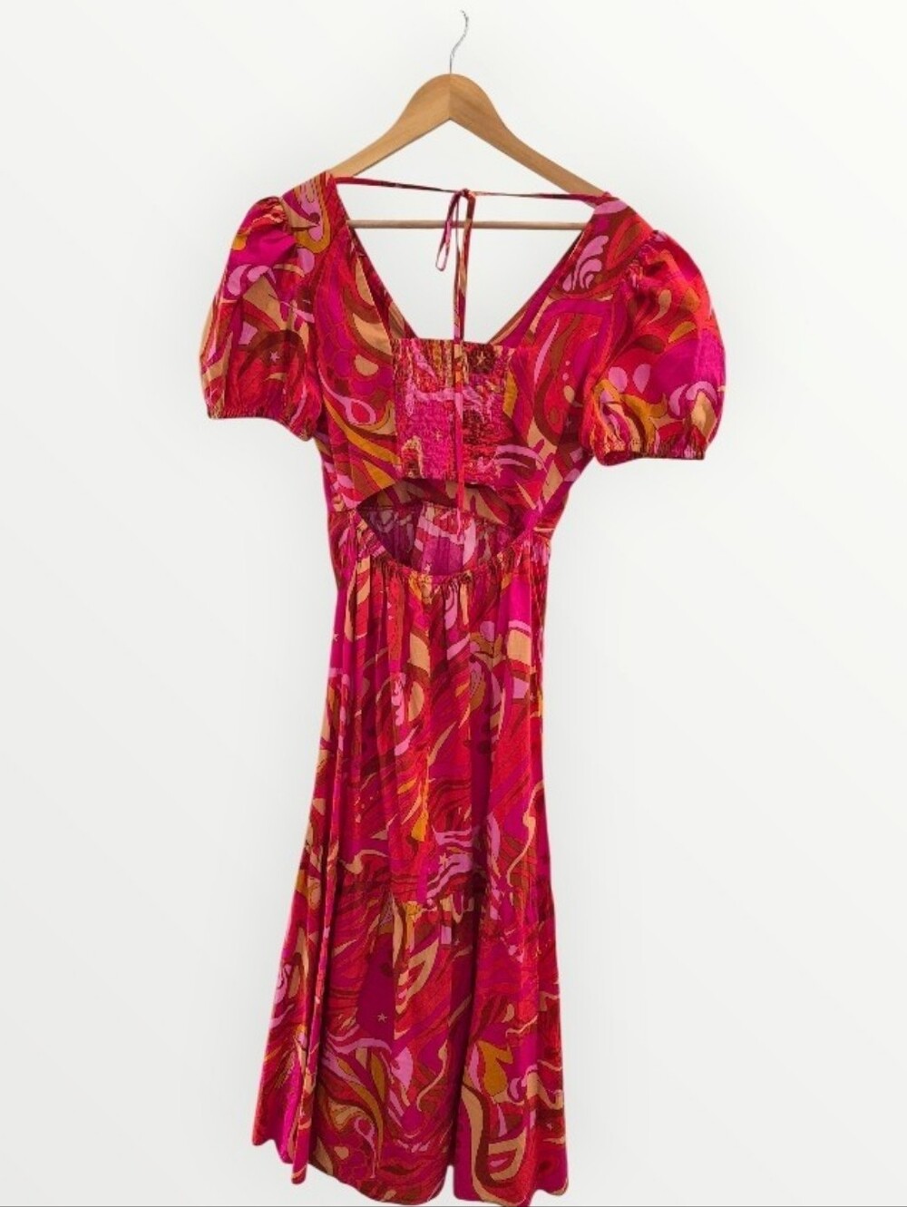 Anthropologie 1.State pink printed puff sleeve Maxi dress v-neck Smocked cut-out - Picture 4 of 9